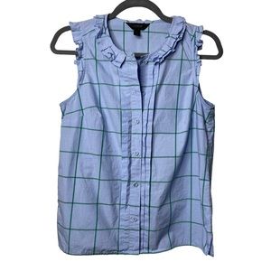 J. Crew Light Blue Green Windowpane Ruffle Sleeveless Button-Front Top